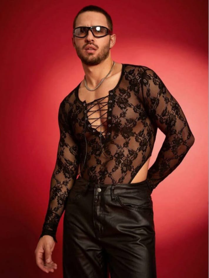 men's lace crossed strap see-though long sleeve bodysuit